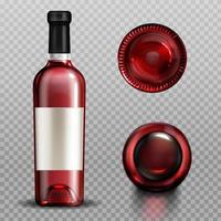 Red wine in glass bottle front top and bottom view vector