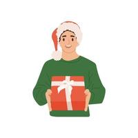 Happy man holding Christmas gift in Santa hat. Hipster with Xmas present box in hand. Male making surprise . Flat vector illustration isolated on white background