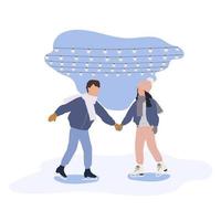 The happy couple holding hands and skating on ice rink under a glowing garland on winter holidays. Christmas vacation in urban park. Vector illustration isolated on white background