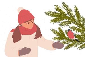 chica con pájaro camachuelo en un abeto aislado sobre fondo blanco. pequeño lindo camachuelo pájaro ilustración vectorial tarjeta de felicitación de navidad vector