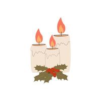 Winter decor candlelight for Xmas. Three candles and winterberries decoration for Christmas holiday isolated on white background. Holly red berries and leaf. Vector illustration