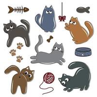 A set of cute colored cat characters with a black outline, doodle style, isolated vector illustration