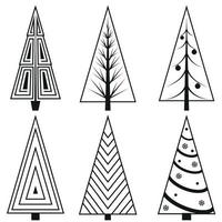 A set of Christmas trees in the doodle style, black outline. Isolated vector illustration.