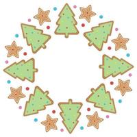 Christmas round ginger cookie frame, color vector illustration in cartoon style