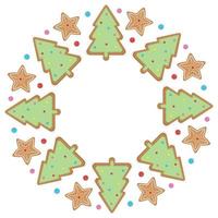 Christmas round ginger cookie frame, color vector illustration in cartoon style