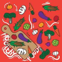 Scattered vegetables with simple vegetables and cook mat design in orange background vector