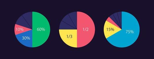 Financial crisis circle infographic design template set for dark theme. Financial analytics and forecast. Editable pie charts with sectors. Visual data presentation vector