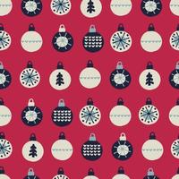 Seamless pattern in Color of The Year, Viva Magenta. Hand drawn baubles decorated with patterns in Scandinavian style. Christmas, New Year, winter holidays concept. vector