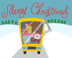 Merry Christmas card. A yellow Christmas bus with Santa, a tree and gifts is driving along the road. vector