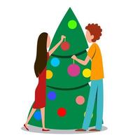 A young couple is decorating a Christmas tree. A man and a woman without a face hang toys vector