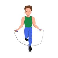 A fit man does exercises with a skipping rope in sports clothes. Flat vector illustration on a white isolated background. Image for sports centers and banners. EPS 10