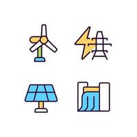 Clean power generation technology pixel perfect RGB color icons set. Sustainable energy industry. Isolated vector illustrations. Simple filled line drawings collection. Editable stroke
