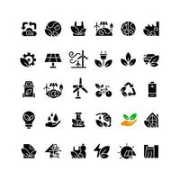 Ecology black glyph icons set on white space. Nature protection reasons. Sustainable energy sources. Eco friendly industry. Silhouette symbols. Solid pictogram pack. Vector isolated illustration