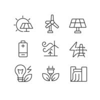 Sustainable power sources pixel perfect linear icons set. Energy generation. Ecology protection. Customizable thin line symbols. Isolated vector outline illustrations. Editable stroke