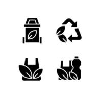 Plastic waste recycling black glyph icons set on white space. Garbage sorting and reusing. Materials processing industry. Silhouette symbols. Solid pictogram pack. Vector isolated illustration