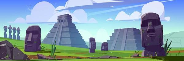 Ancient moai statues and mayan pyramids vector