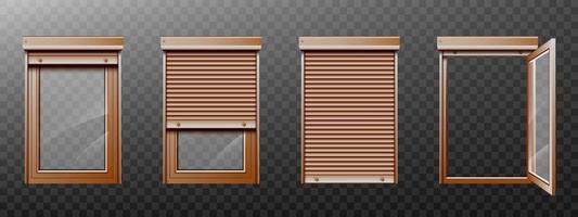 Brown window with roller shutter up and close set vector