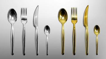 3d cutlery golden and silver fork, knife and spoon vector