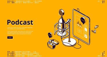 Podcast isometric landing page, radio or music vector