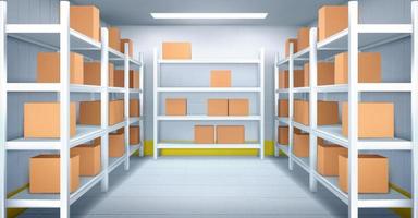 Cold room in warehouse with with boxes racks vector