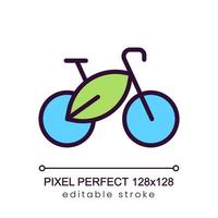 Riding bike pixel perfect RGB color icon. Safe for ecology vehicle. Eco friendly transport. Isolated vector illustration. Simple filled line drawing. Editable stroke