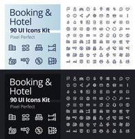 Booking and hotel pixel perfect linear ui icons kit for dark, light mode. Accommodation for tourist. Outline isolated user interface elements for night, day themes. Editable stroke vector