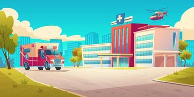 paisaje urbano con edificio de hospital y ambulancia vector