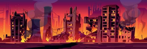 City in fire, war destroy burning broken buildings vector