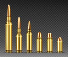 Bullets of different calibers stand in row, ammo