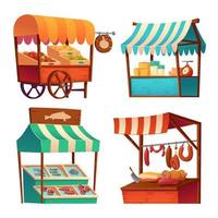 Market stalls, fair booths wood kiosks with awning vector