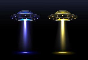 3d UFO, vector alien space ships with light beam