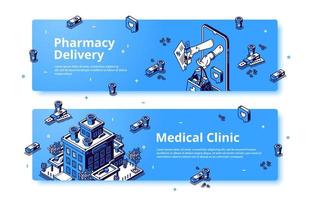 Medical clinic, pharmacy delivery isometric banner vector