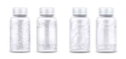Medicine bottles with pills and clear capsules vector
