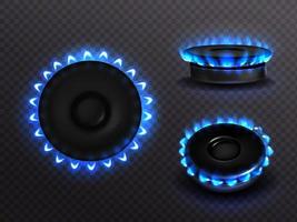 Burning gas stove with blue flame top or side view vector