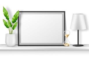 Empty photo frame stand on white shelf with plant vector