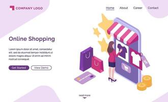 página de inicio isométrica de compras en línea, banner web vector