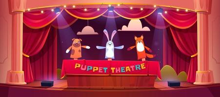 Puppet show on theater stage with animal dolls vector