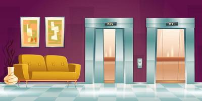Hallway with lift doors, empty lobby with couch vector