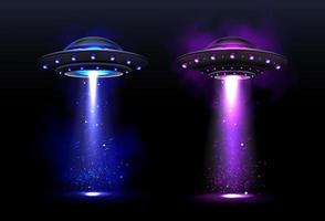 Alien spaceships, ufo with color light beam vector