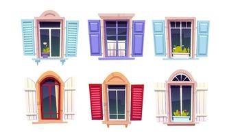 Wooden windows with open shutters vector