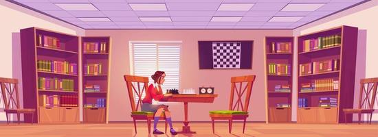 chica en el club de ajedrez jugando al juego de mesa, tablero de ajedrez vector