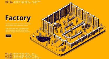Factory isometric landing page, assemble line work vector