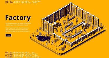 página de inicio isométrica de fábrica, trabajo de línea de ensamblaje vector