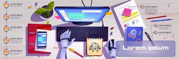 Workspace with robot hands working on computer vector