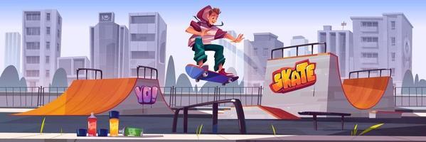Skate park with boy riding on skateboard vector