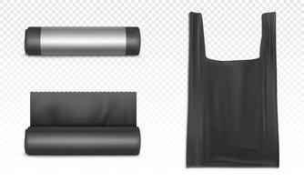 Black plastic bag in roll and sack with handles vector