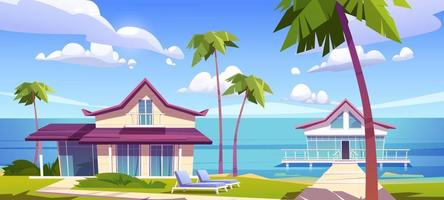 Modern bungalows on island resort beach, seaside vector