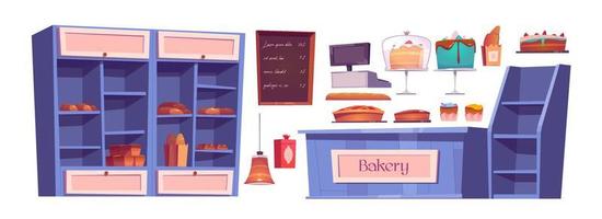 Bakery products and bake house interior stuff set vector