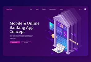 Online banking mobile app isometric landing page vector