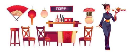 Chinese restaurant staff and stuff isolated set vector